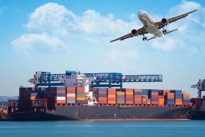 Sea freight containers at UK shipping port